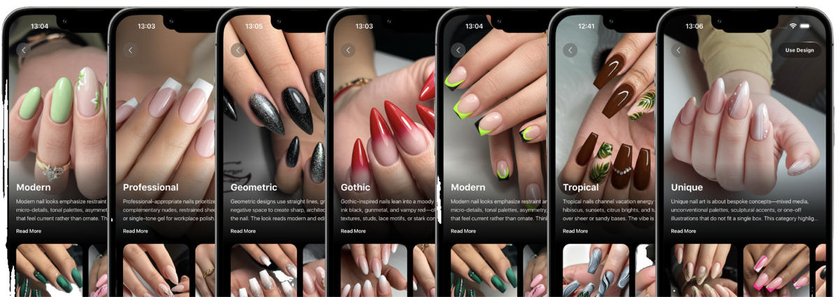Nail art styles and manicure inspiration in the NailArtX iPhone gallery