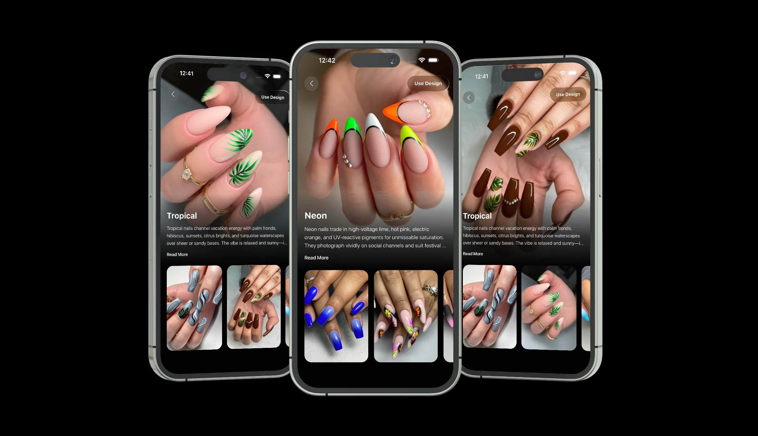 NailArtX iPhone screens showing nail design inspiration and manicure previews