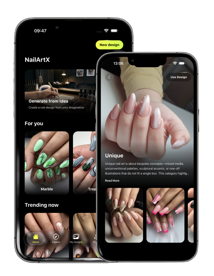 NailArtX manicure design and virtual nail try-on screens on iPhone